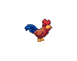 A junglefowl rooster with red feathers and blue tail