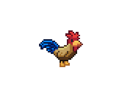 A junglefowl rooster with mustard-yellow feathers and blue tail