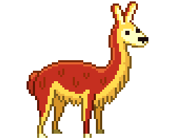 A guanaco with red and yellow fur